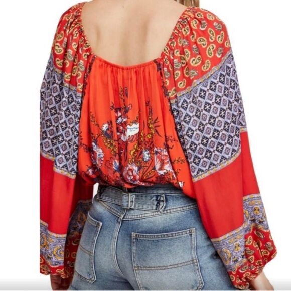 Free People Positano Cherry Combo Printed Flowy Off Shoulder Peasant Blouse - Picture 4 of 16